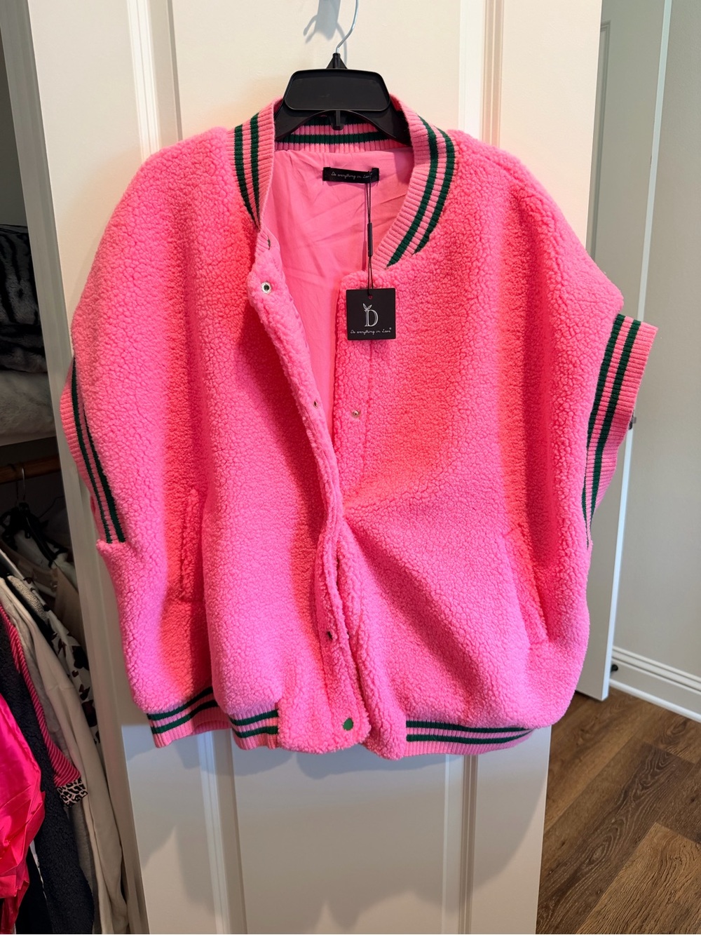 Unspecified Brand Pink Sherpa Varsity Jacket with Striped Trim